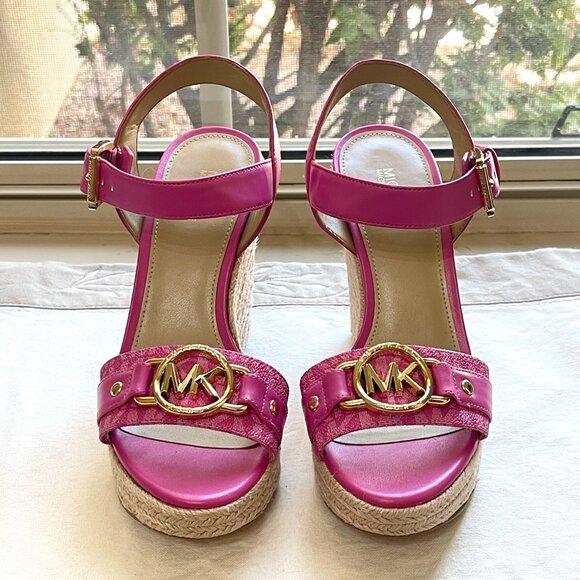 Michael Kors 6 MK Rory Espadrille Wedge Platform Sandals Cerise Pink Gold Logo - Picture 2 of 14